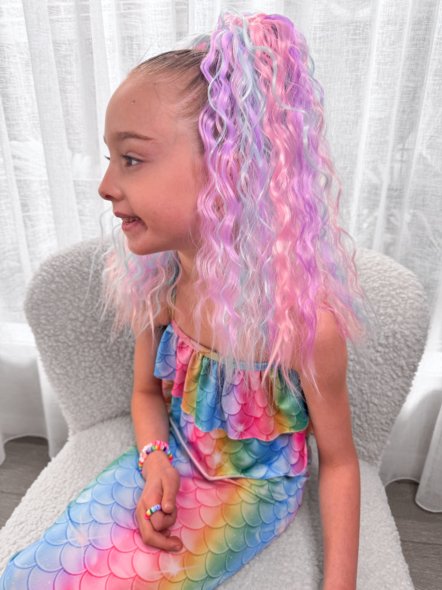 Cotton Candy mermaid wave tie-in ponytail