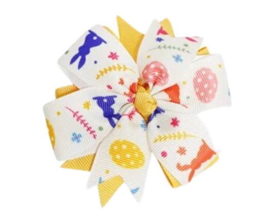 Yellow/White Easter Bunny Print Hair Bow Clip